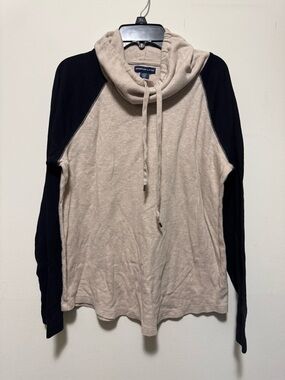 American Living Cowl Neck Pullover Top L Beige Black Raglan